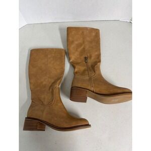 Nicole Miller New York Alfa Tan Faux Leather Block Heel Boots Women's 8.5 NEW